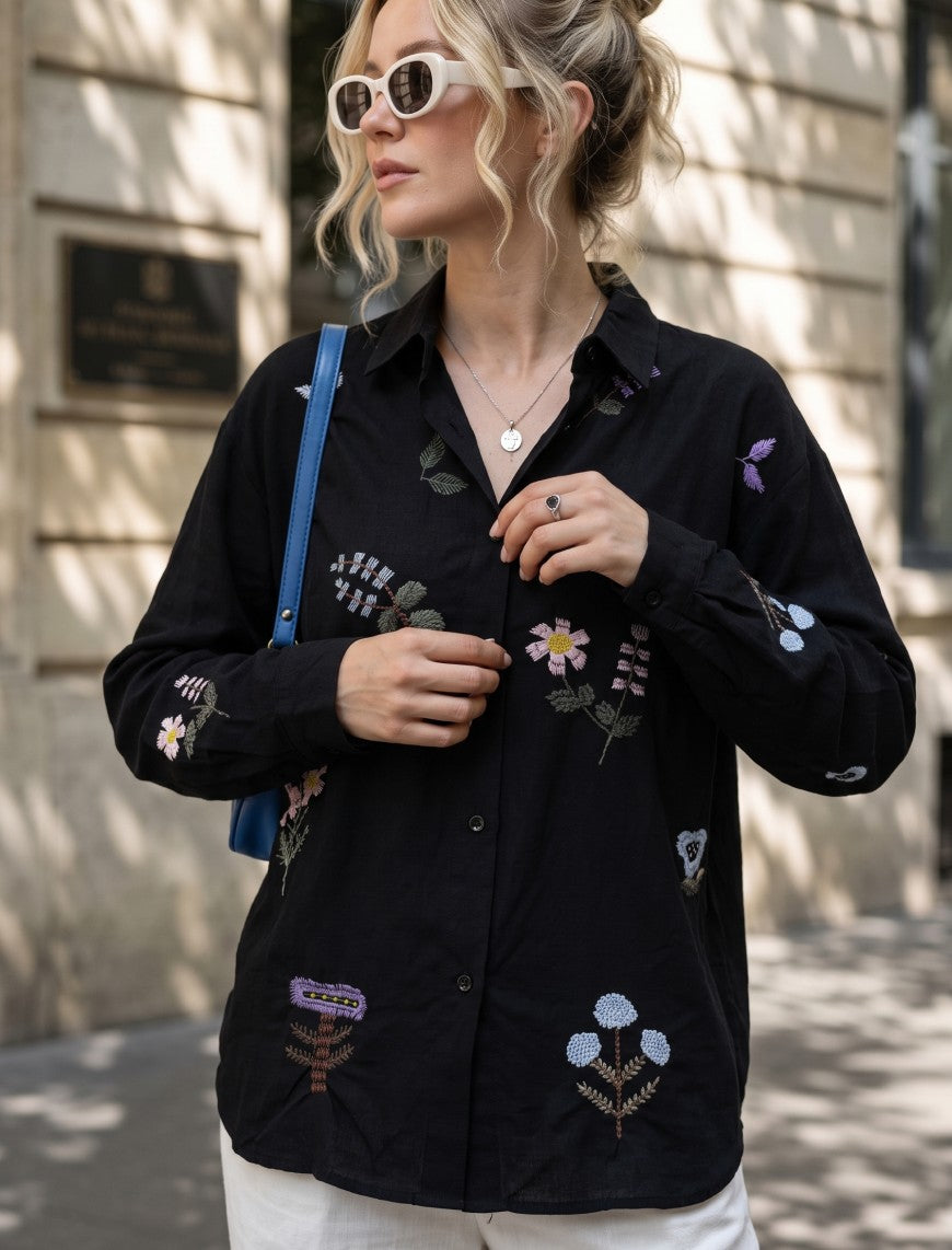 Indigo Cotton Linen Women's Shirt - Black