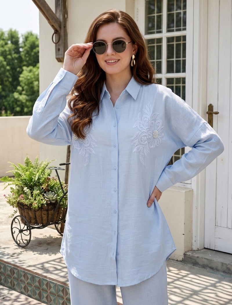 Shirt with Floral Embroidery and Stone Work Details - Blue
