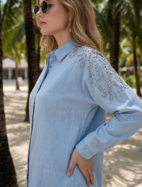 Oversize Stone Embellished Shirt - Blue