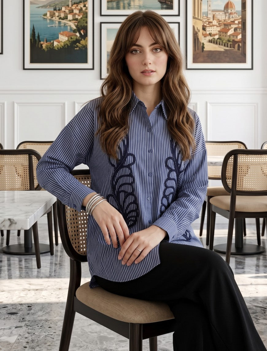 Shirt with Floral Embroidery and Stone Work Details - Blue