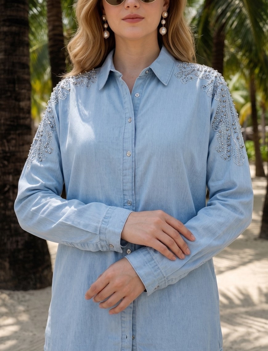 Oversize Stone Embellished Shirt - Blue