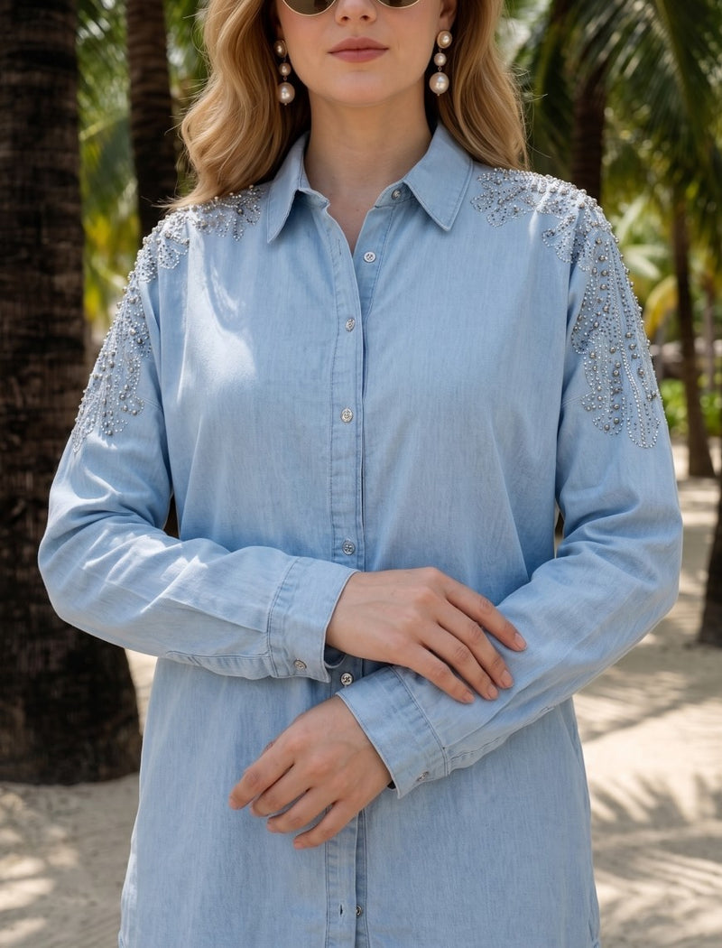 Oversize Stone Embellished Shirt - Blue