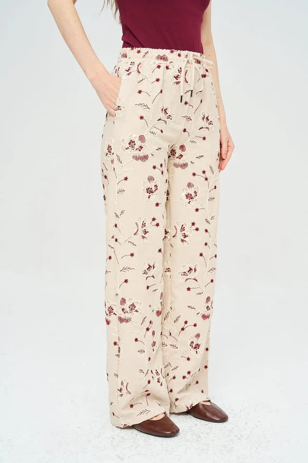 Palazzo Pants with Floral Embroidery and Sequins, Elastic Waistband - Skin