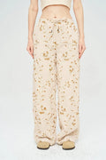 Floral Embroidered and Sequined Palazzo Pants with Elastic Waistband, Skin