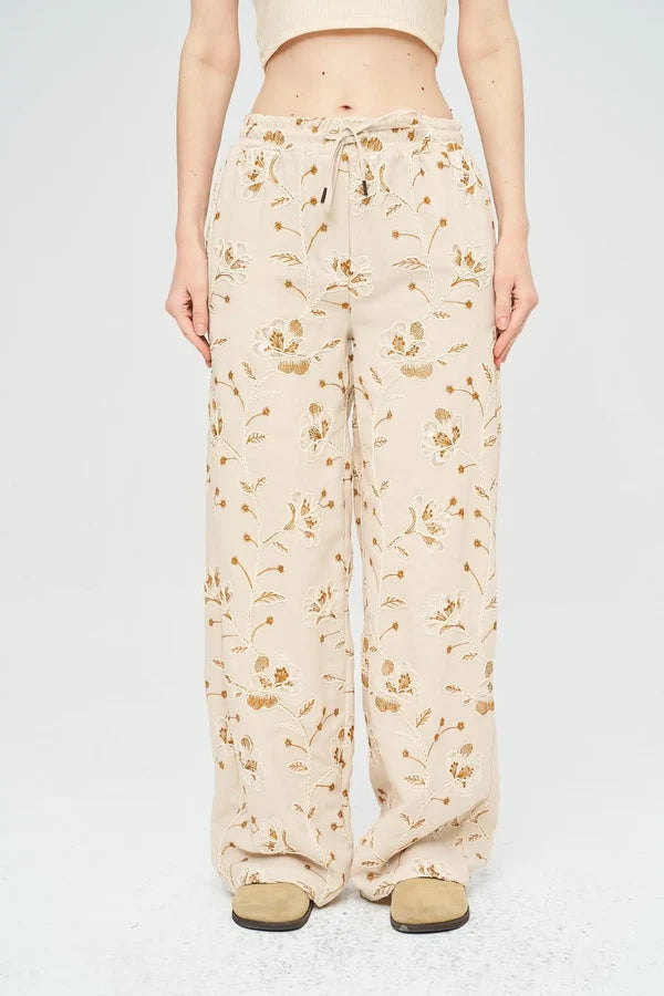 Floral Embroidered and Sequined Palazzo Pants with Elastic Waistband, Skin