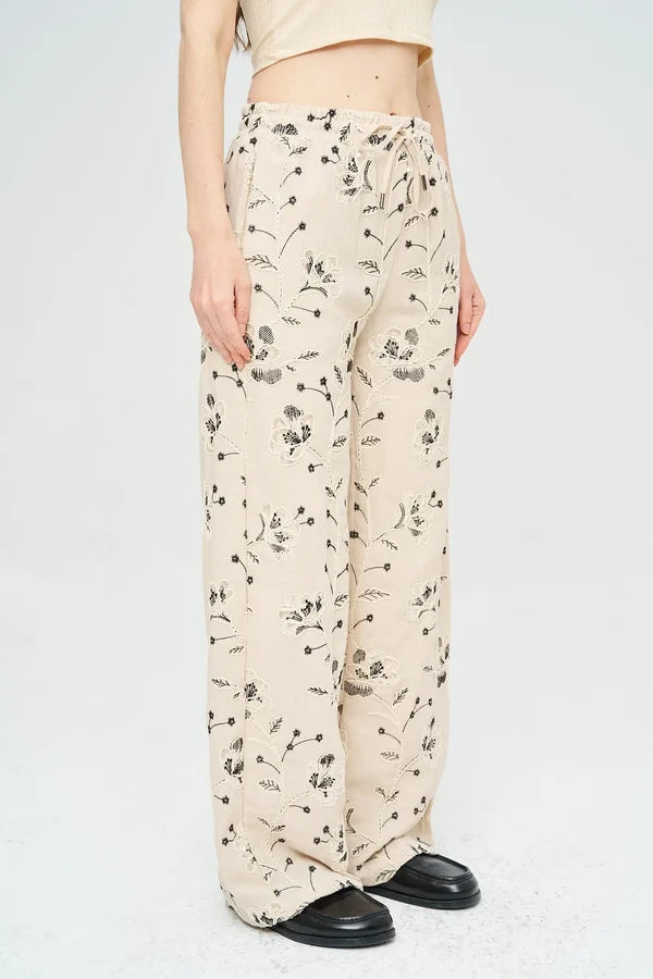 Palazzo Pants with Floral Embroidery and Sequins, Elastic Waistband - Skin