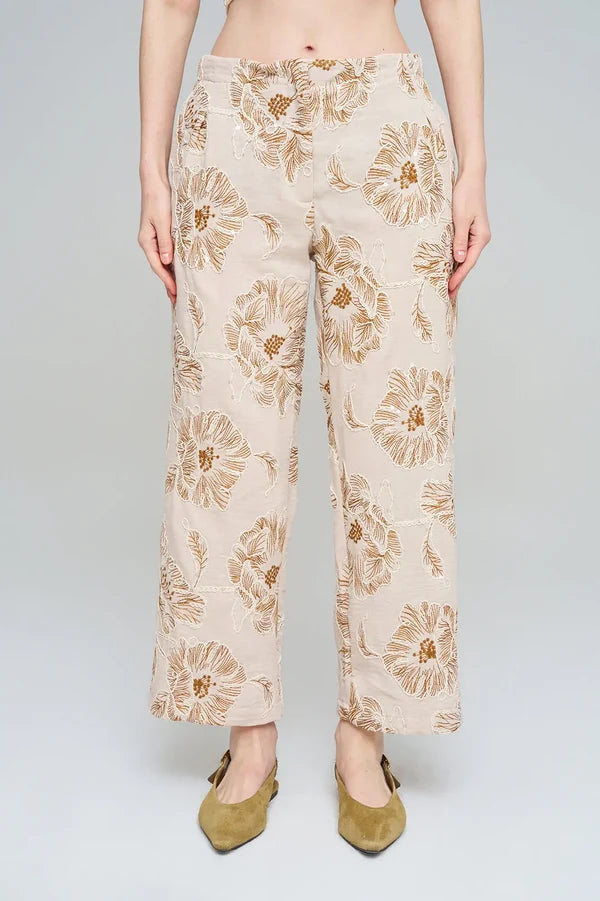 Wide-leg trousers with floral embroidery and sequin details, Skin