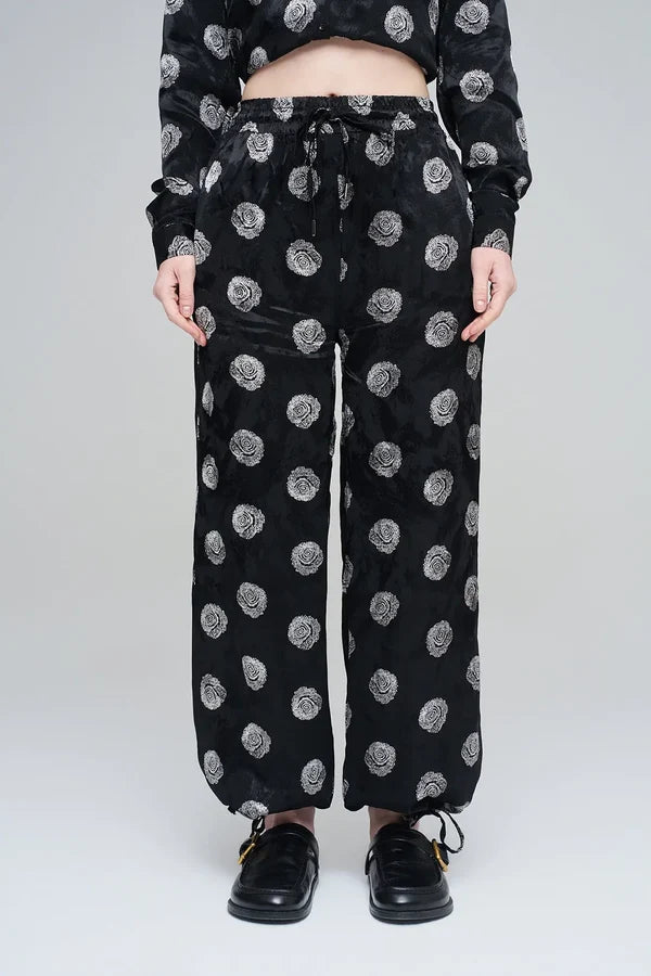 Orfeonegro Rose Patterned Draped Women's Trousers - Black