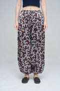 Leaf Patterned Viscose Women's Trousers with Elasticated Hem - Chocolate