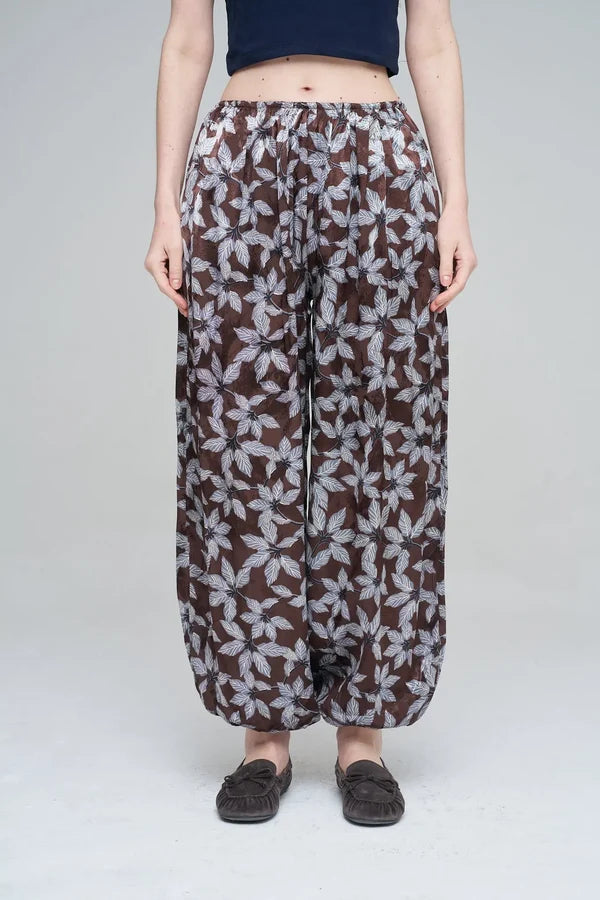 Leaf Patterned Viscose Women's Trousers with Elasticated Hem - Chocolate