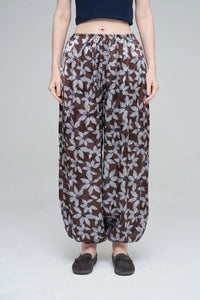 Leaf Patterned Viscose Women's Trousers with Elasticated Hem - Chocolate