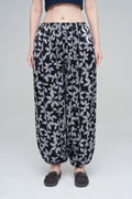 Leaf Patterned Elasticated Hem Viscose Women's Trousers - Black