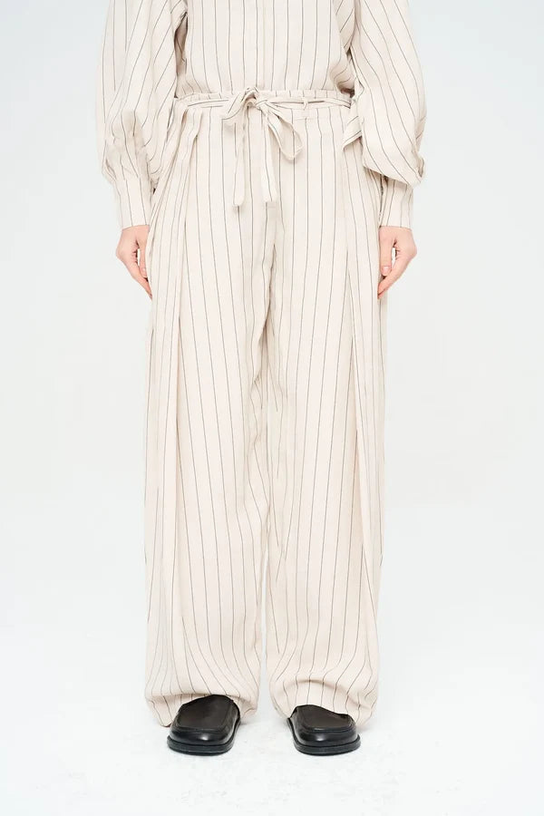 Striped Linen Blend Wide Leg Trouser - Skin