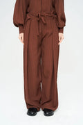 Striped Linen Blend Wide Leg Trousers - Brown