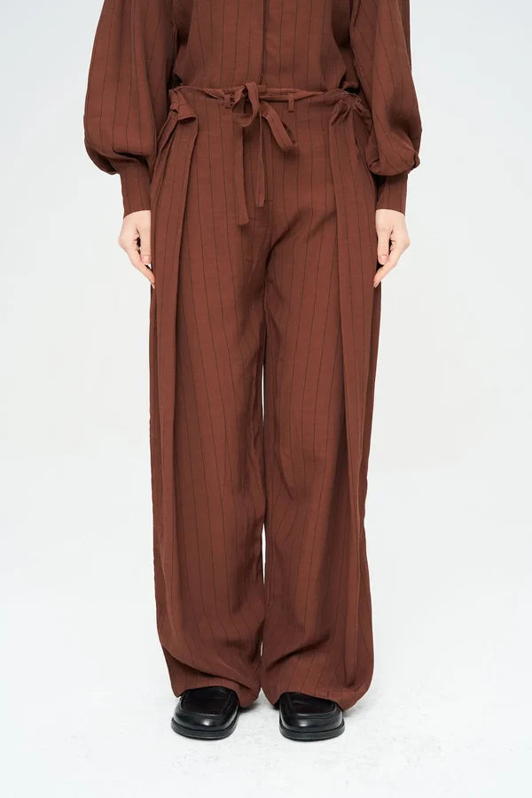 Striped Linen Blend Wide Leg Trousers - Brown