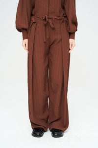 Striped Linen Blend Wide Leg Trousers - Brown
