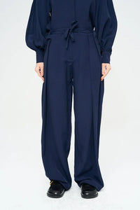 Striped Linen Blend Wide Leg Trousers - Blue