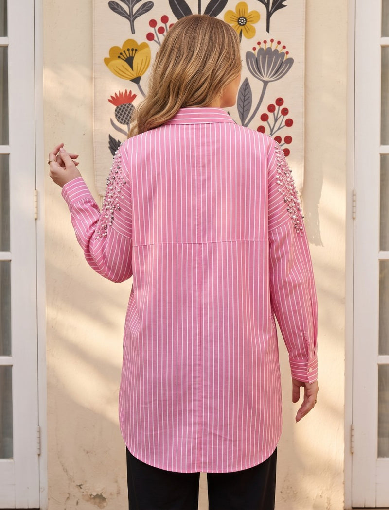 Oversize Stone Embellished Shirt - Pink