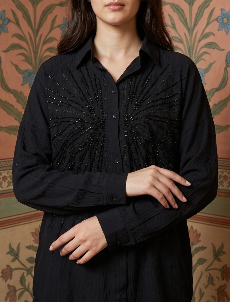 Shirt with Floral Embroidery and Stone Work Details - Black
