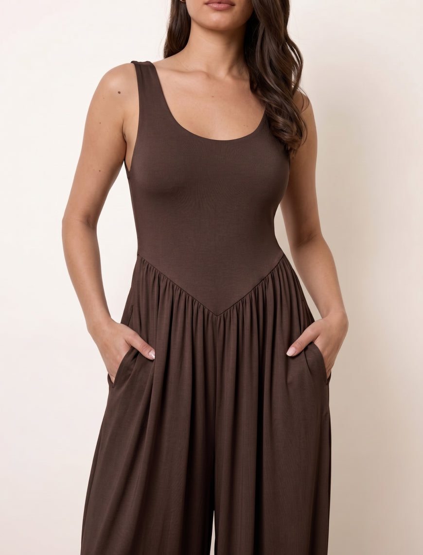 Cotton Blended Jersey Wide-Leg Jumpsuit - Brown