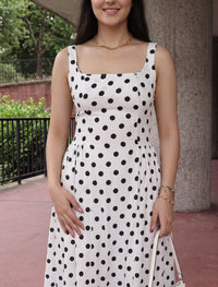 Polka Dot Dress With Waist Gathers - White