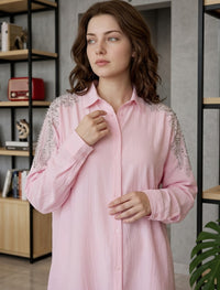 Oversize Stone Embellished Shirt - Pink