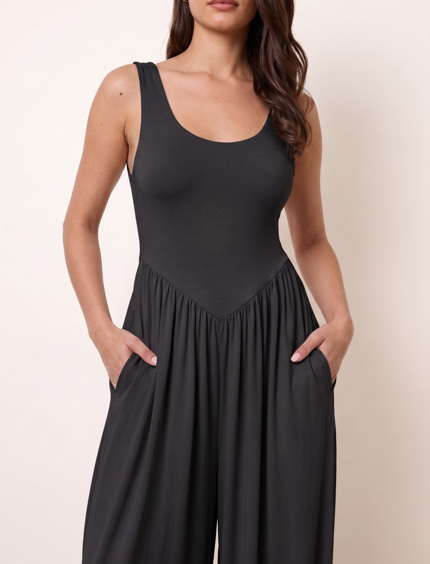 Cotton Blended Jersey Wide-Leg Jumpsuit - Black