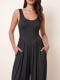 Cotton Blended Jersey Wide-Leg Jumpsuit - Black