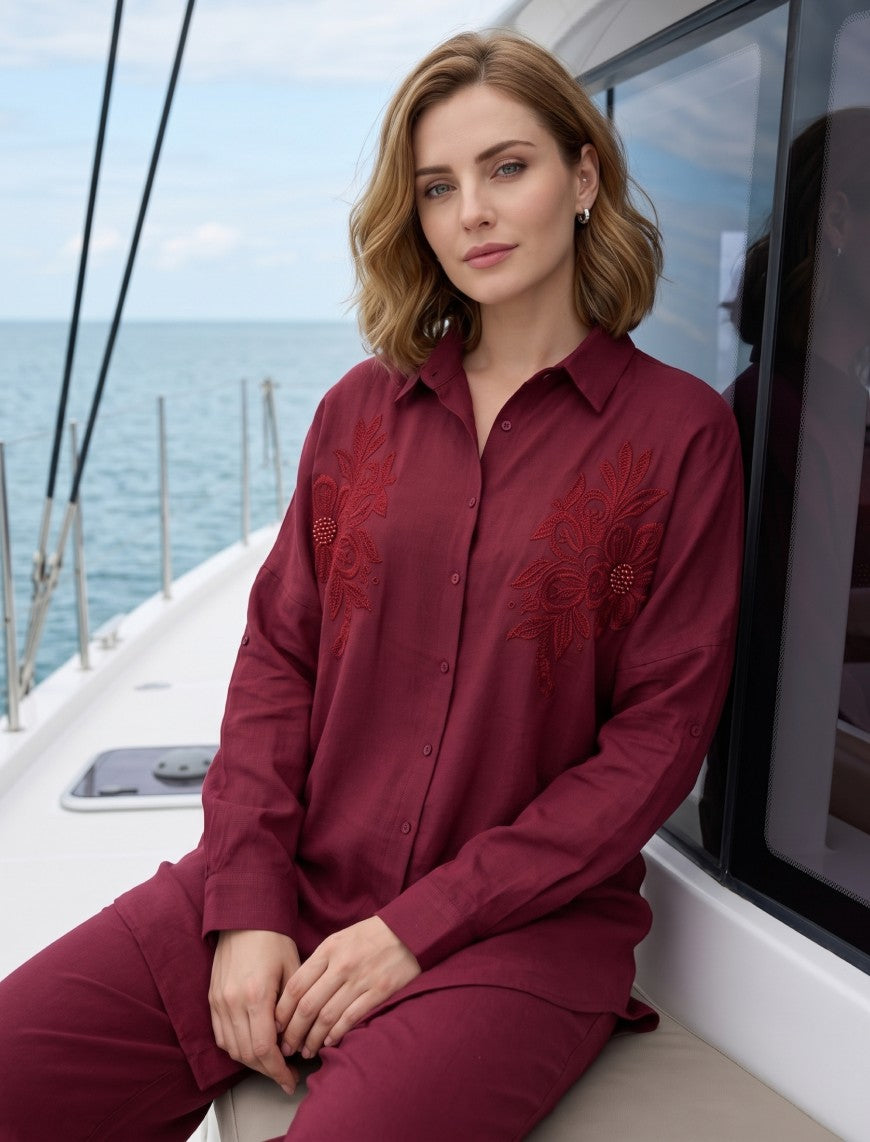 Shirt with Floral Embroidery and Stone Work Details - Maroon