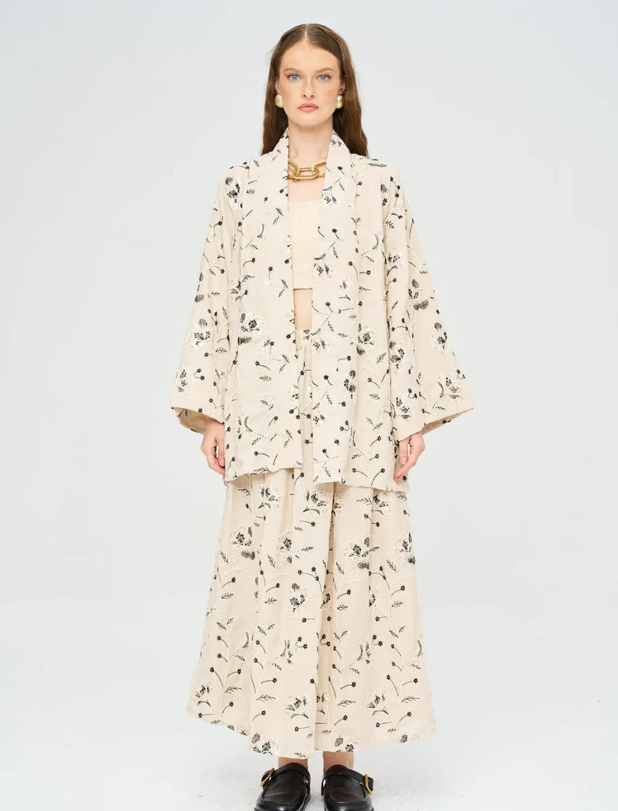 Floral Embroidered and Sequined Kimono - Black