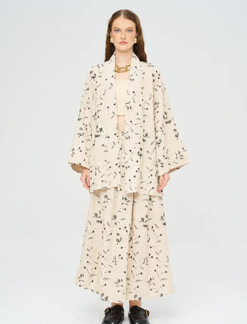 Floral Embroidered and Sequined Kimono - Black