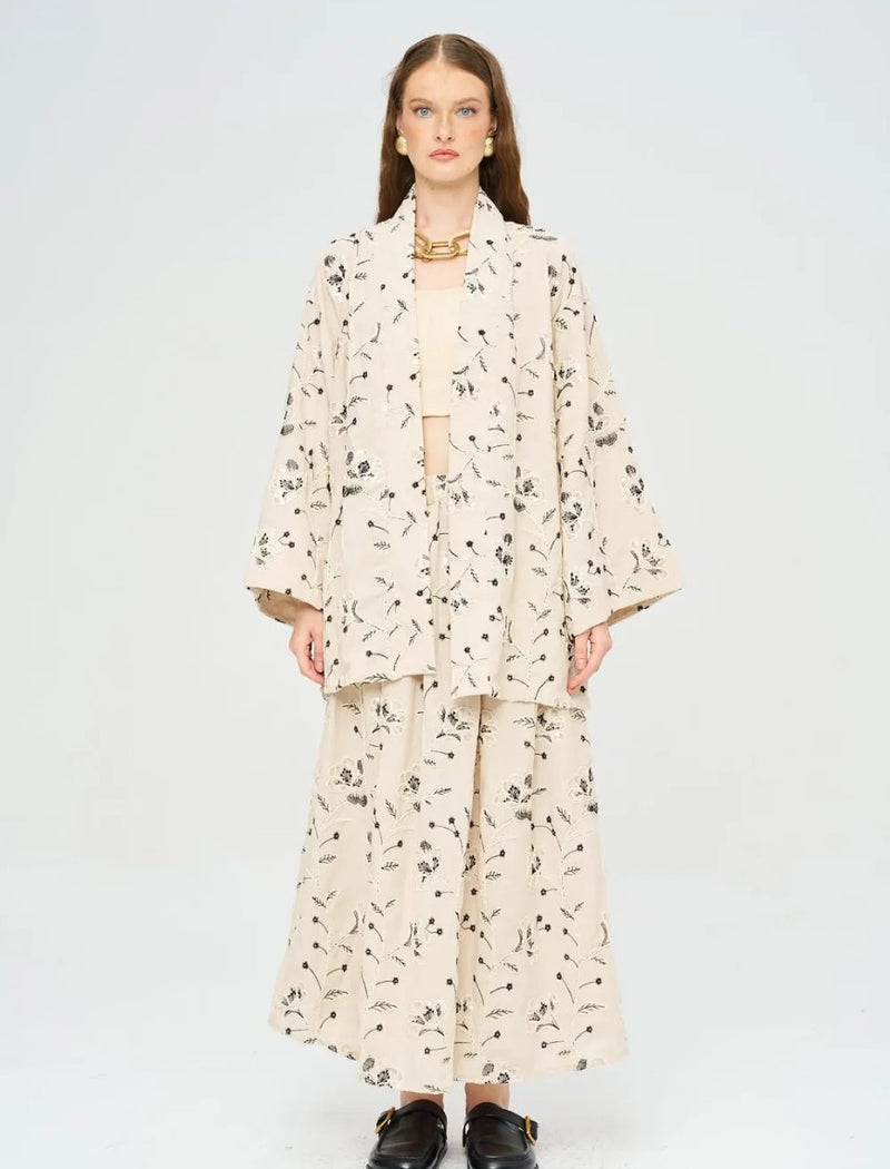 Floral Embroidered and Sequined Kimono - Black