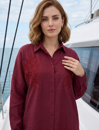Shirt with Floral Embroidery and Stone Work Details - Maroon