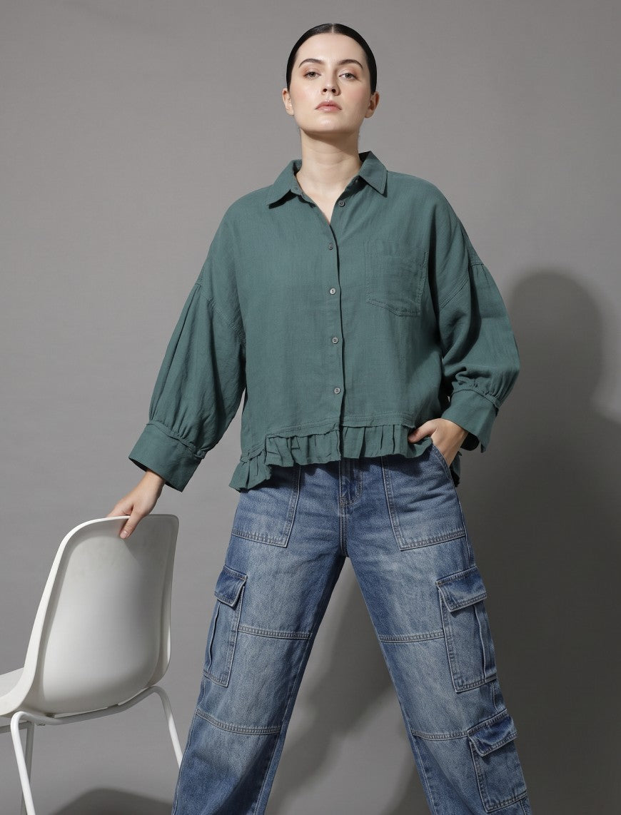 Indigo Cotton Linen Women's Shirt - Green