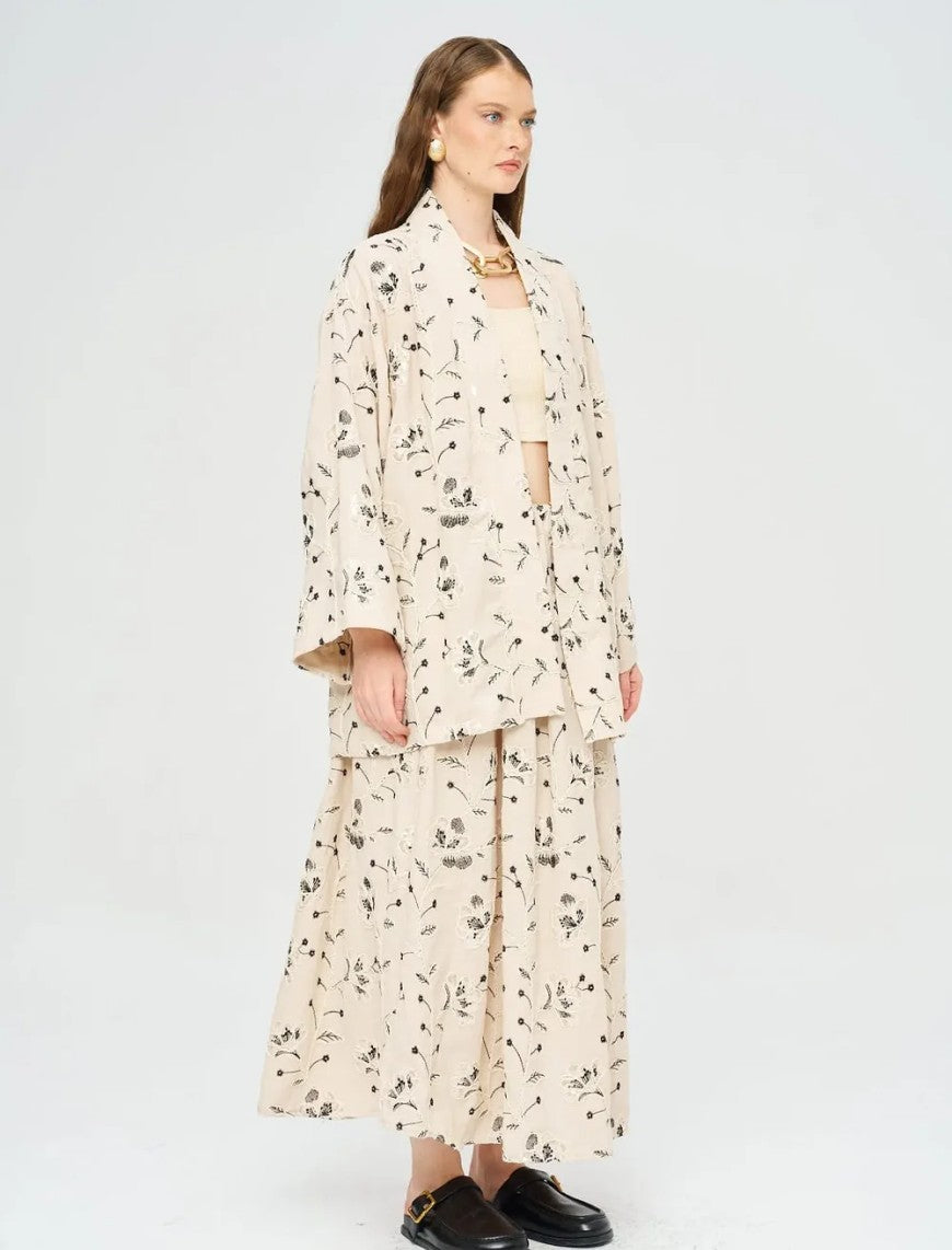 Floral Embroidered and Sequined Kimono - Black
