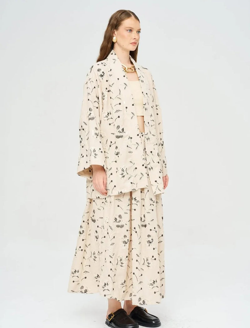 Floral Embroidered and Sequined Kimono - Black