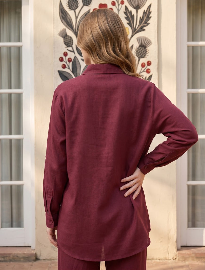 Oversize Stone Embellished Shirt - Maroon