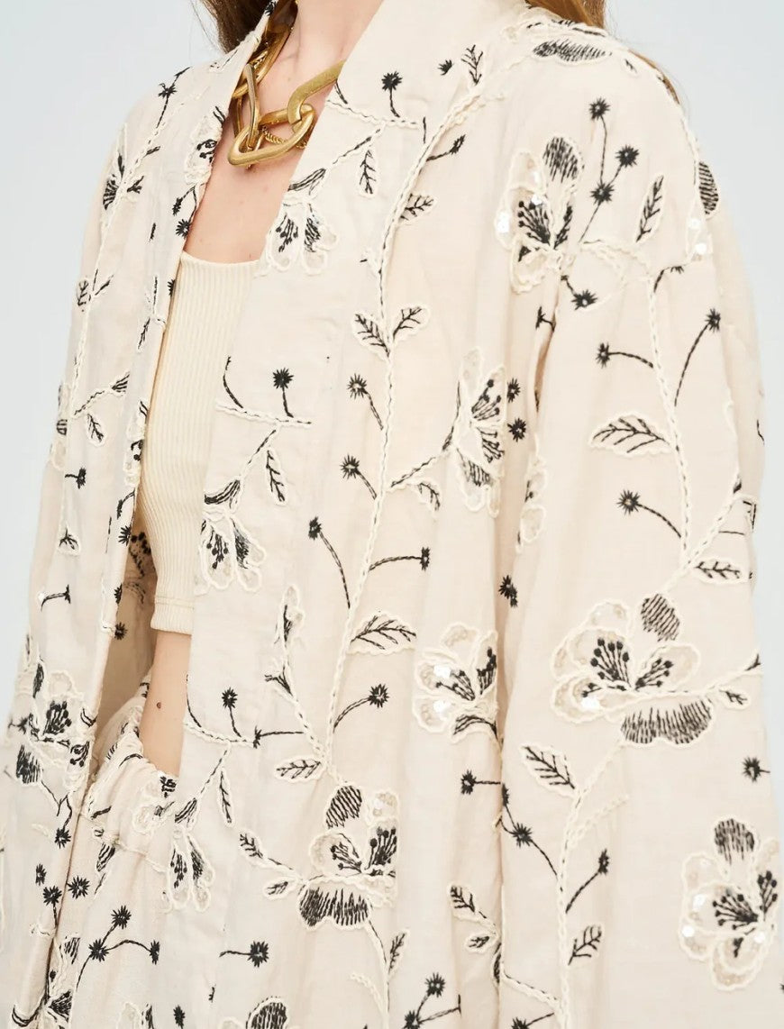 Floral Embroidered and Sequined Kimono - Black