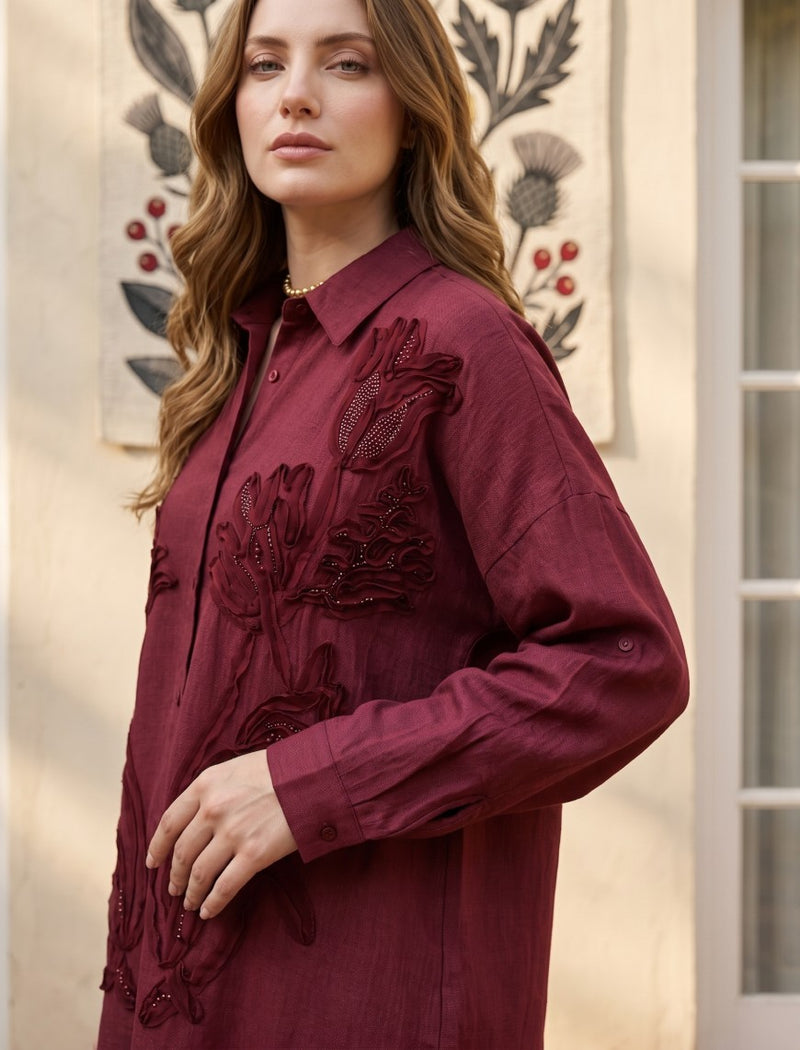 Oversize Stone Embellished Shirt - Maroon