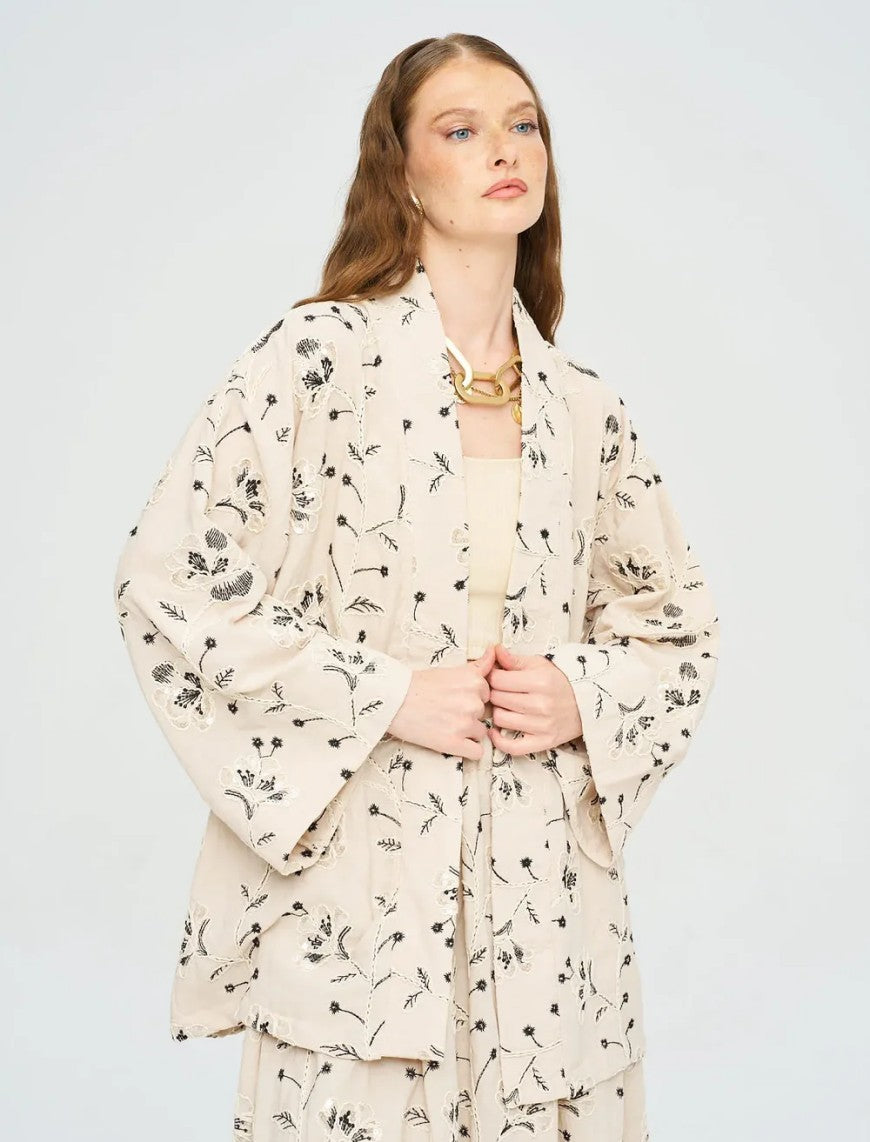Floral Embroidered and Sequined Kimono - Black