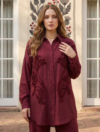 Oversize Stone Embellished Shirt - Maroon
