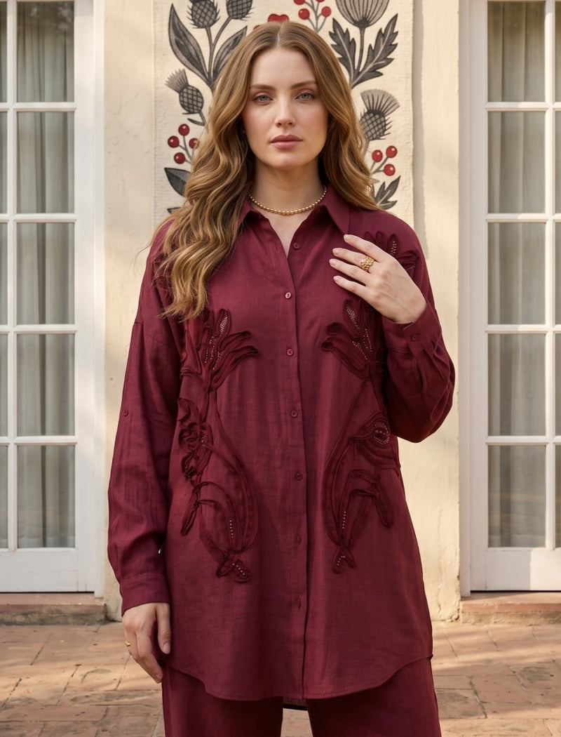Oversize Stone Embellished Shirt - Maroon