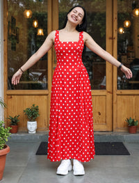 Polka Dot Dress With Waist Gathers - Red