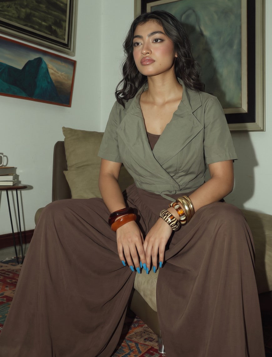Cotton Collar tie Top - Green