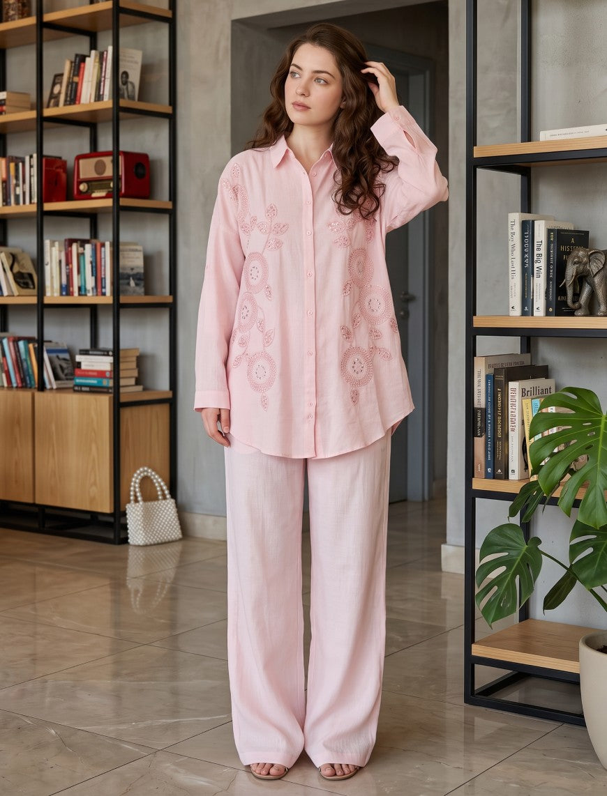 Shirt with Floral Embroidery and Stone Work Details - Pink