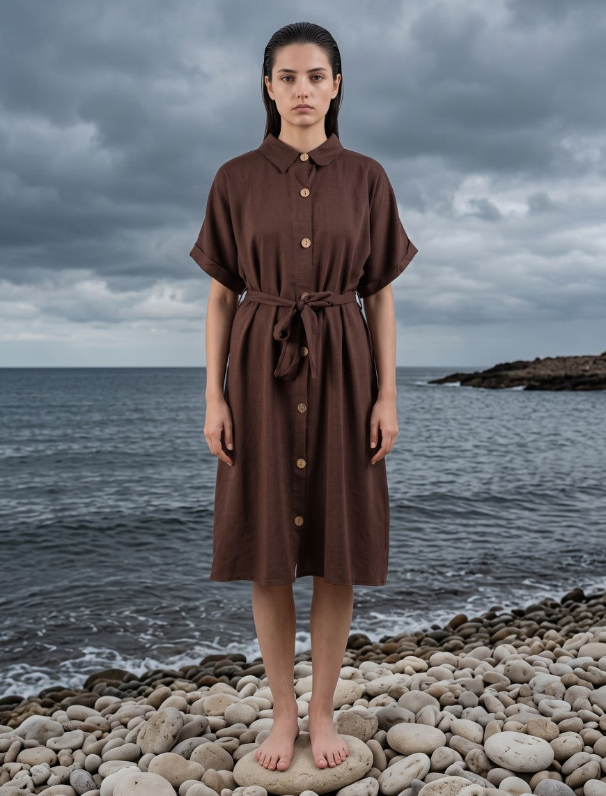 Indigo Tie Hemp Linen Shirtdress - Brown