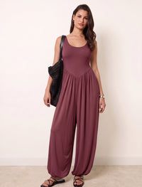 Cotton Blended Jersey Wide-Leg Jumpsuit - Maroon