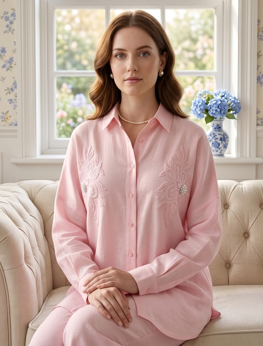Shirt with Floral Embroidery and Stone Work Details - Pink