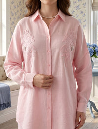 Shirt with Floral Embroidery and Stone Work Details - Pink