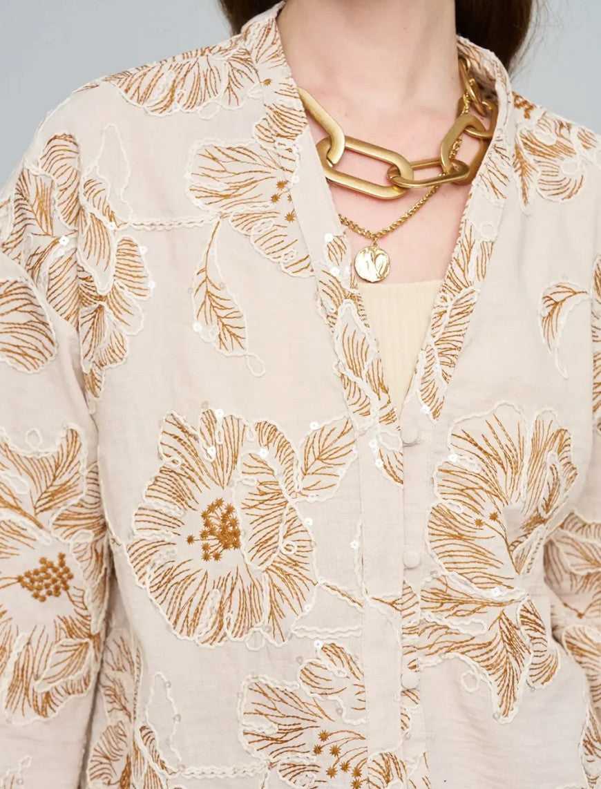 Shirt with Floral Embroidery and Sequin Details - Skin